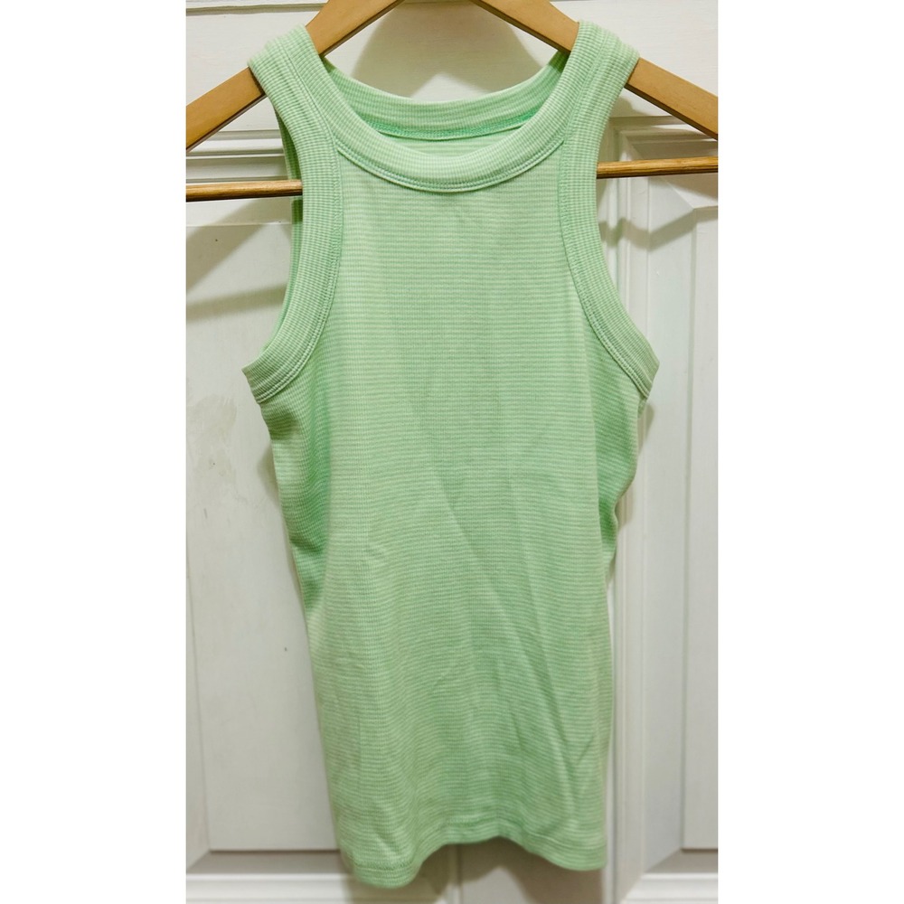 Loft Mint Green White Striped Ribbed Knit Tank Top Small Sleeveless Crew Neck